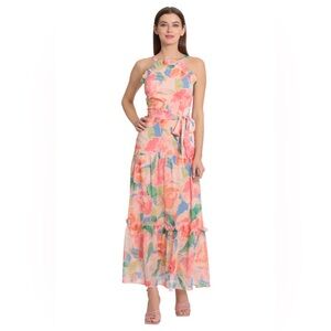 Maggy London Floral Apron Style Tie Tiered Midi Dress Size 12 NWOT